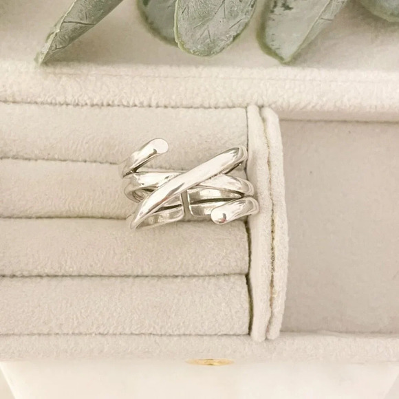 925 Sterling Silver Criss Cross Ring Chunky Ring Geometric Ring Twist Ring - Picture 4 of 9